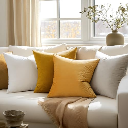 Image of MIULEE 24x24 Inch Euro Sham Velvet Pillow Covers, Set of 2 Large Square Spring Decorative Pillows -Mustard Yellow Super Soft for King Bed, Sofa, Couch, Accent Chairs with Hidden Zipper