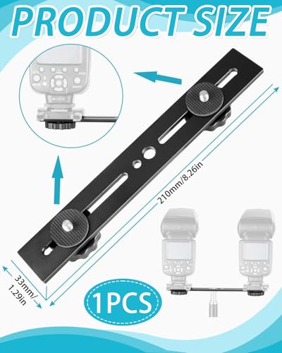 ZEXIJOW Dual Blitzhalterung 8 Zoll, Aluminium Blitzschiene mit 1/4\ und 3/8\ Schraube Kamera Flash Bracket mit Doppel Blitzschuh,kamera halterungm für DSLR Kamera, LED Licht, Mikrofon, Stativ Zubehör