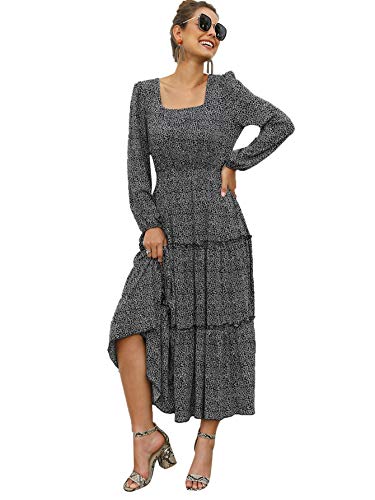 SweatyRocks Women's Long Sleeve Square Neck Floral Print Flared Flowy Chiffon Swing Maxi Dress Multicolor L