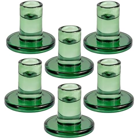 TELOSMA Green Glass Candlestick Holders 6PCS, Short Candle Holders fit to Taper Candles which Diameter 0.7-0.9 inch- Xmas Dinner Table Decor, Winter Windowsills/Fireplace Mantel Centerpiece Cover
