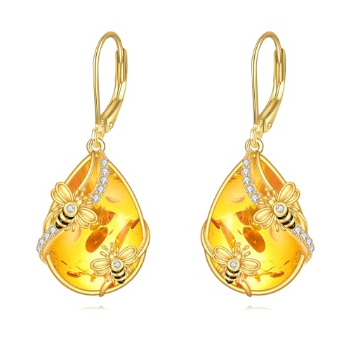 Image of LUHE Bee Earrings for Women 925 Sterling Silver Bumble Earrings with Honeycomb Honeybee Jewelry Dangle Gifts for Women