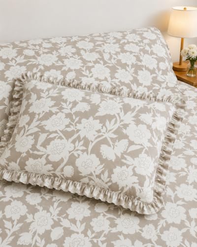 Image of 380 TC Premium Glace Cotton Elastic Fitted Bedsheet King Size with 2 Pillow Covers King Size | Double Bed with All Around Elastic (Gray Floral, Fitted Queen-60x78)