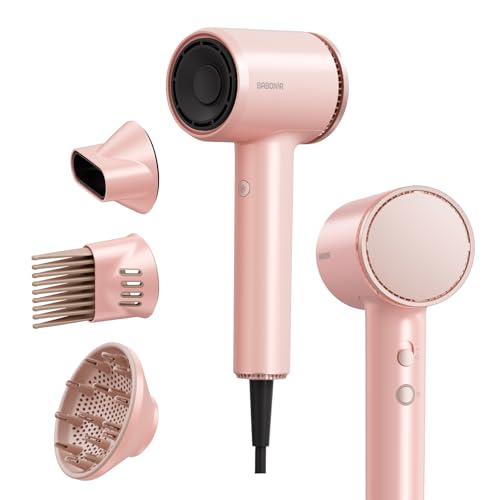 BABONIR High-Speed Hair Dryer 1875W Ionic & Plasma Blow Dryer, Compact Pro 110000 RPM Fast Drying Blow Dryer with Diffuser Concentrator & Comb Nozzle, Cool Shot, Low-Temp Styling Mode, 8ft Cord Pink