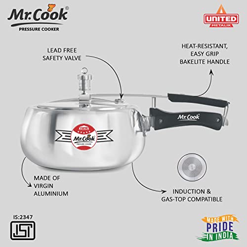 Image of MR COOK By United Metalik Super Shine Pressure Cooker with Inner Lid, Induction Base with 3.25mm Thick Aluminium, (Silver) (3 Litre)