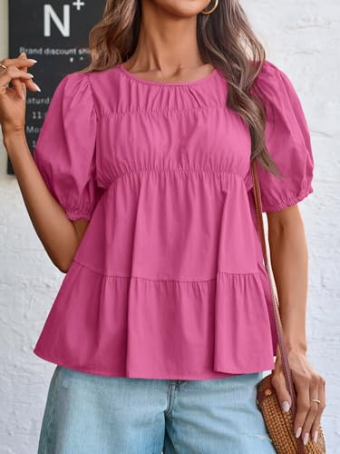 Image of Tankaneo Womens Puff Sleeve Peplum Babydoll Tops Summer Flowy Pleated Cotton T-Shirts Casual Loose Fit Cute Blouse