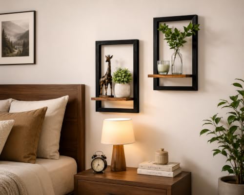 Image of Wooden Wall Shelves for Living Room & Bedroom Wall Decor - Set of 2 Floating Wall Mounted Shelf, 15x10 Inch Black Frame with Wood Shelf, Wall Shelves for Home Decor