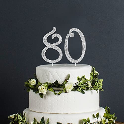 Number Cake Topper 80, Uniideco Silver Rhinestone Premium Metal Bling Bling Cake Decor, Sparkly Happy Birthday Wedding Anniversary Party Decoration Centerpiece #TOP1