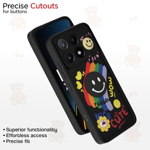 Image of Pikkme Back Cover for Poco X6 Pro 5G | Soft Silicone| Cute Rainbow Smile & 3D Cartoon Flower Design | Shockproof Raised Camera Protection Bumper Case (Black)