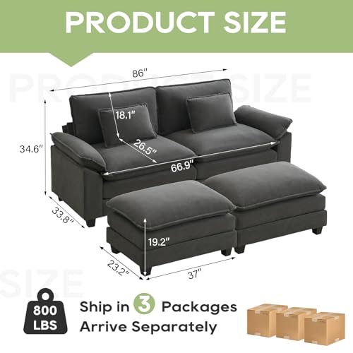 Image of Oprisen 86 inch Modular Sectional Sofa, Comfy Cloud Couch Sectional Sofa with Ottoman, Velvet Sofa Sleeper Deep Seat Sofa with Throw Pillows for Living Room (Blue Grey)