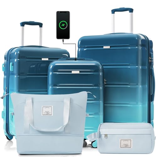 Durable 5-Piece Luggage Set with USB Port - 20-Inch Hard Shell Suitcase & Travel Bag, Blue