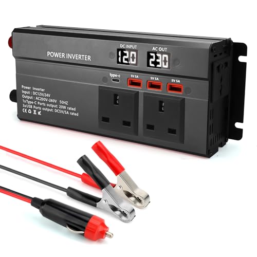 WODHMIEY 1000W Car Power Inverter 12V/24V to 230V Vehicle Voltage Converter with 3 Sockets, 3 USB, 1 Type-C, Dual LED Display, Ideal for Camping, Travel, Motorhomes, Lorries & Emergency Power Supply