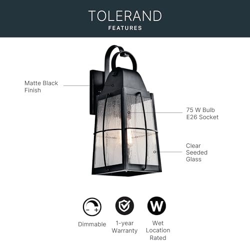Image of Kichler Tolerand 17.75 inch inch Outdoor Wall Light in Textured Black, 1-Light Exterior Wall Sconce Porch Light with Clear Seeded Glass, (17.75 inch H x 7.75 inch W), 49553BKT