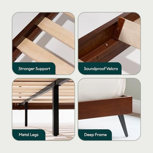 Image of Bme Rhombus Queen Bed Frame - Solid Rubber Wood with Geometric Rhombus Headboard, Walnut Finish, Scandinavian Modern Platform Bed with Sturdy Slats & Metal Legs, No Box Spring Needed