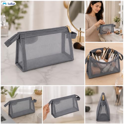 Image of FunBlast Mesh Pencil Case with Smooth Zipper, Single Layer Multi-Purpose Stationary & Pen Pouch for Boys & Girls, Transparent Stationary Bag, Organizer Pouch for Student (Grey-D)