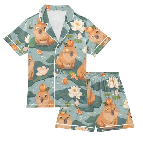 ALAZA Cute Capybara Water Lily Pajamas Satin Pajama Set Short Sleeve Button Down Sleepwear