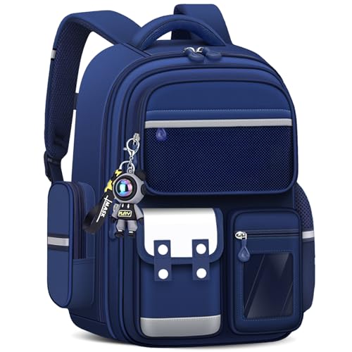 Amythe Schulranzen Jungen, Kinderrucksack Große mit Süßem Anhänger, Schultasche für Jungen 2. bis 5.Klasse, Rucksack Kinder für die Schule oder Reisen mit Mehreren Fächern, Blau