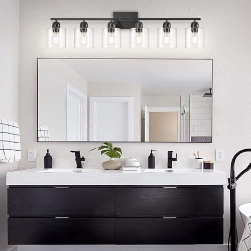 Image of Black 6-Light Bath Vanity Lights for Mirror, Restroom Lights Fixtures with with Clear Glass Shades,Bathroom Over Sink Light Fixtures, Bathroom Light Fixtures Over Mirror