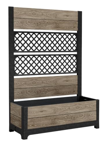 Image of Keter Outdoor Planter Box with Privacy Screen and Trellis - 26 Gallon Raised Garden Bed for Climbing Plants, Wood-Look Resin, Weather-Resistant Divider for Patio, Balcony & Backyard