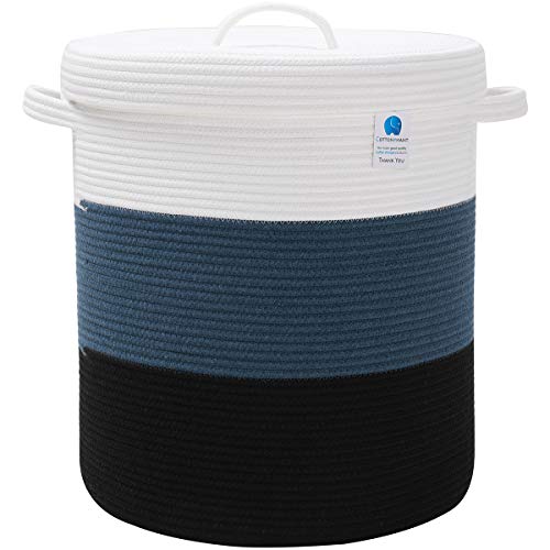 Image of 16" x 16" x 18" Extra Large Storage Basket with Lid, Cotton Rope Storage Baskets, Laundry Hamper, Cloth Bin, for Clothes Towels Blankets Pillows Storage in Living Room, Dark Blue/Deep Blue with Cover