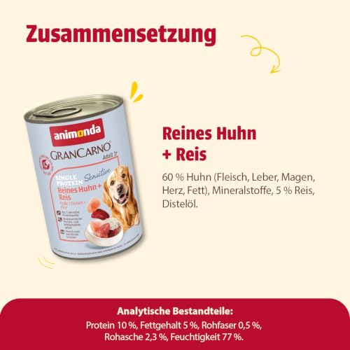 animonda GranCarno Hunde Nassfutter Sensitiv Reines Huhn + Reis (6 x 400g)