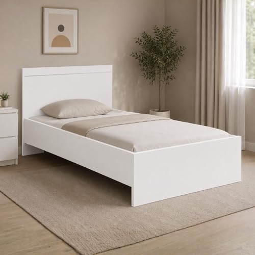 Image of DELITE KOM Single Bed Jazz Engineered Wood Bed Without Storage 77x37 Inches Frosty White Wooden Bed for Bedroom with 1 Year Warranty and Installation Included