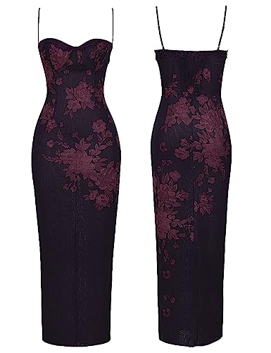 Image of Womens Sexy V Neck Satin Maxi Dresses Spaghetti Strap Floral Print Dresses Slim Fit Elegant Long Dresses Night Party Outfits