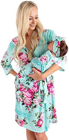 DOUBLE THE SPRINKLES Maternity Robe and Swaddle Set - Mom and Baby Matching Outfits for Labor and Delivery - Hospital Gown, Baby Blanket, and Headband Included (Medium, Aqua Floral)