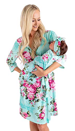 Double The Sprinkles Maternity Robe And Swaddle Set - Mom And Baby Matching Outfits For Labor And Delivery - Hospital Gown, Baby Blanket, And Headband Included (Medium, Aqua Floral) #TOP3