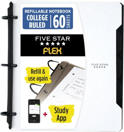 Image of Five Star Flex Refillable Notebook + Study App,College Ruled Paper and 1 Inch TechLock Ring Binder with Pockets,Tabs and Dividers,200 Sheet Capacity,White (29328AE2), 1 Count (Pack of 6)