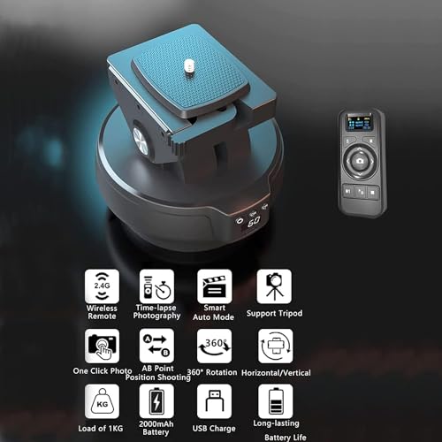 Image of Motorized Pan Tilt Head, 100m Control, 360 Degree Rotation, Tilt ±35 Degree, 9 Gears Adjustable Speed, Panoramic Tripod Head for Smartphones, Camera,Black