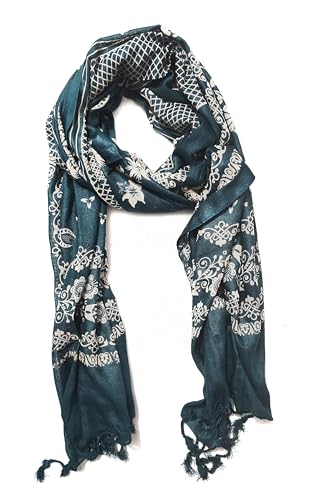 Image of Teal Floral Printed Dupatta for Women, with Tassel Ends, Lightweight Wrap Scarf Stole