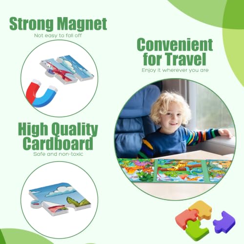 Image of Magnetic Puzzles for Toddlers 3-5 Dinosaur Puzzle Travel Toys for Kids | Jigsaw Puzzles for Kids 75-Pieces Travel Toys Dinosaur Puzzles Ages 4-6 Road Car Trip & Airplane