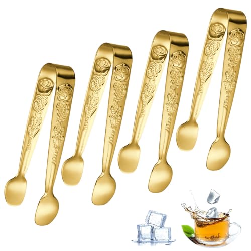 RuiChy 4 Pcs Rose Ice Tongs, 11cm Stainless Steel Sugar Tong Small Serving Tongs 4.3Inch Relief Flower Sweet Tong for Food Candy Bread Cake Dessert Buffet Kitchen Wedding Tea Party Bar Bucket (Gold)