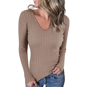 Ebifin Langarmshirt V-Ausschnitt Damen Pullover Casual Sweater Einfabrig Tops Warm Strickpullover Basic Oberteile.