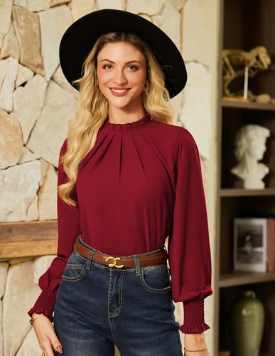 GRACE KARIN Women Dressy Long Sleeve Shirts,Fall Business Casual Tops,Pleated Mock Neck Work Blouses Fashion 20254