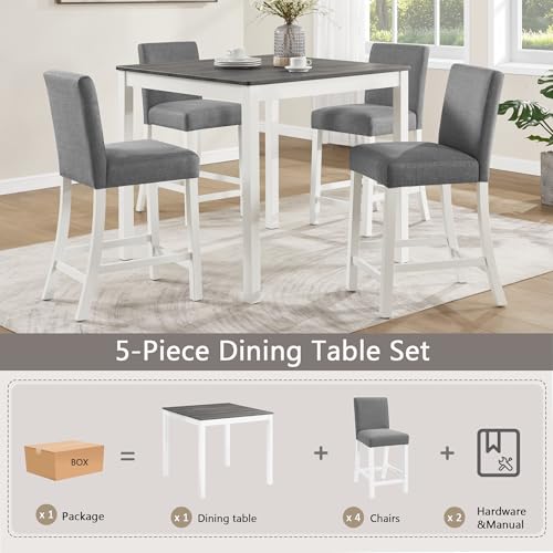 Image of KEIKI 5-Piece Counter Height Dining Table Set with Square Table and 4 Upholstered Curved Backrset Chair, for 4 Person, Modern Wooden Table Set, Easy Assembly, for Kitchen, Dining Room, White+Gray