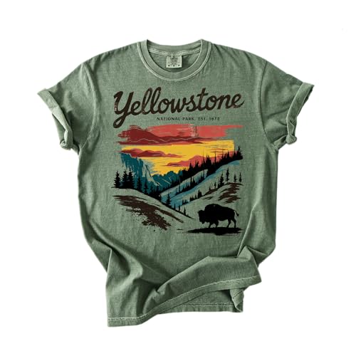 Yellowstone National Park T-Shirt Comfort Colors National Park Shirt Mountain Landscape Design Adult Sizes (Moss Large)