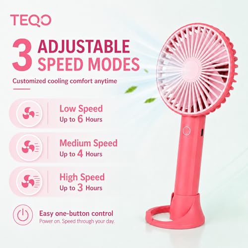 Image of TEQO Rechargeable Hand Fan 4800 RPM High Speed | 1200mAh Battery, Up to 6 Hours Runtime | Portable USB Fan with Mobile Stand & RGB Light | 3 Speed Personal Mini Fan for Travel, Makeup (Raspberry)