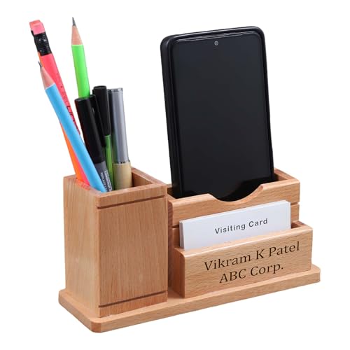 Image of Deskart Customized Multipurpose Pen Holder Stand | Premium Wooden Desk Organizer with Business Visiting Card and Mobile Holder