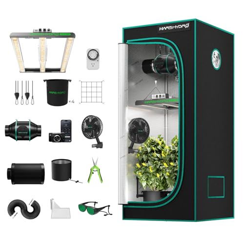 MARS HYDRO Growzelt Komplettset,FC-E1500 App Fernbedienung Dimmbar LED Lampe,80X80X160cm 1680D Hohe Reflektivität Mylar Grow Box Komplettset,4' 205CFM App intelligente Steuerung Belüftungssat