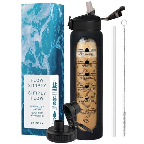 Image of 1 Litre Borosilicate Glass Bottle with Silicone Cover & 2 Lids, Motivational Straw Sipper Water Bottle For Adults with Time & Measurement, 1 Ltr Home, Office & Gym Bottles For Women & Men (Black)