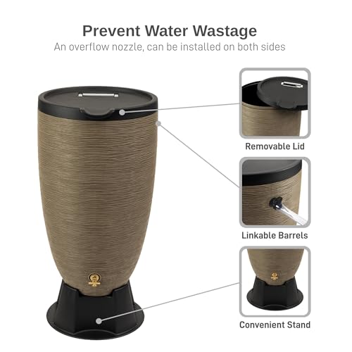 Image of RTS Home Accents 50-Gallon Newport Rain Barrel with Stand and Removable Lid, Sandstone Color