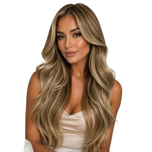 Image of Full Shine Injected Tape in Hair Extensions Human Hair, 4P27 Honey Blonde Highlighted Brown, 22 Inch, 50G, 20 Pcs, Seamless Tape in Extensions, Wedding Guest, Bridal Style, Bouncy Blowout Effect