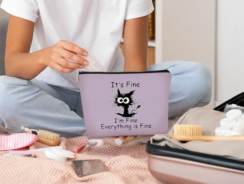 Funny Cute Cat Makeup Bag,Cat Lover Gifts For Women,Its Fine Im Fine Everythings Fine,Black Cat Cosmetic Bag Small Pouch,Birthday Gift,Coworker Gifts(Purple)4