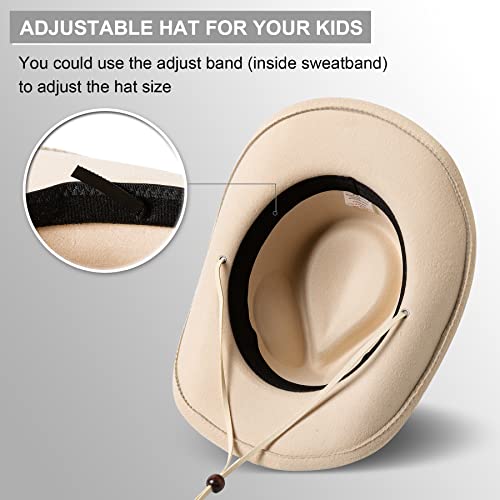 Lanzom Kids Girls Boys Wide Brim Western Cowboy Cowgirl Hat Classic Felt Dress Up Hat With Wind Lanyard(Beige,5-12 Years) #TOP2