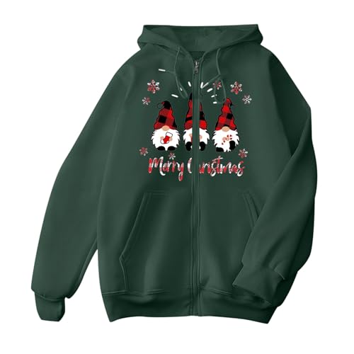 Sudadera con capucha unisex con cremallera, diseño retro, estampado festivo, ideal para los días fríos, Verde oscuro., XXL