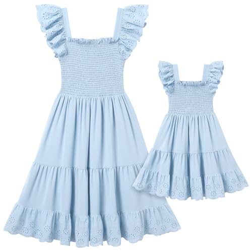 AWIBMK Mommy and Me Dress Boho Summer Casual Holiday Mother Daughter Matching Ruffle Sleeve A-line Tiered Smocked Dress2