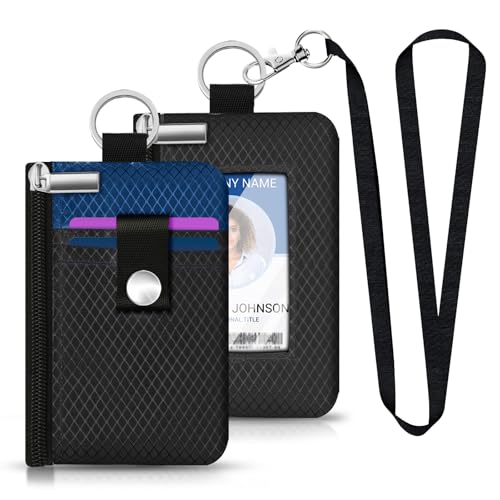 Image of Minimalist RFID Blocking Small Wallet with ID Window,WaterResistant Zip Id Case Wallet with Lanyard Keychain for Cards,Cash,Travel,Women,Men (Black /Electric Blue)
