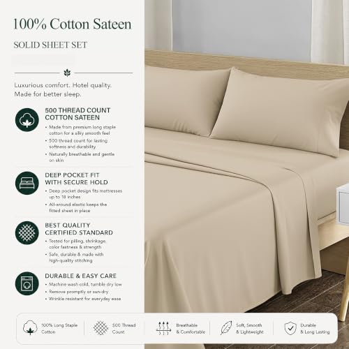 Image of Feather & Stitch 500 TC Split King Size Sheet Set, 5 Piece Bed Sheets Set-2 Twin Fitted Sheet, 1 King Flat Sheet & 2 King Pillowcases, 18 inch Deep Pockets Sateen Weave Solid Bedsheet - Champagne Beige