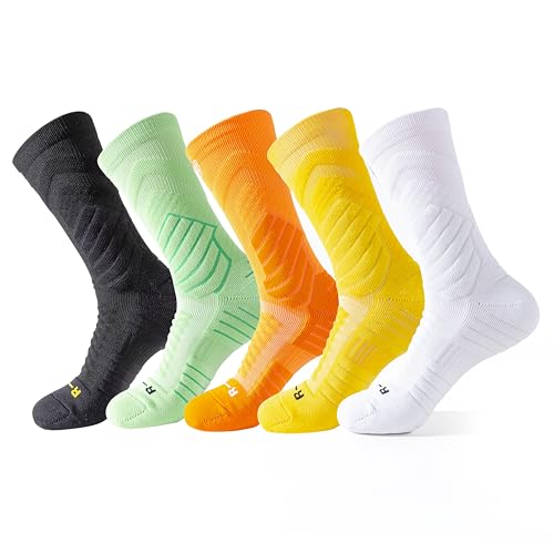 Pro Compression Calf-Length Sports Socks 5-Pack for Men & Women - Anti-Slip Cushioned Athletic Socks with Moisture Control, 360° Ankle Lock & Shock Absorption for Basketball, Running, Hiking